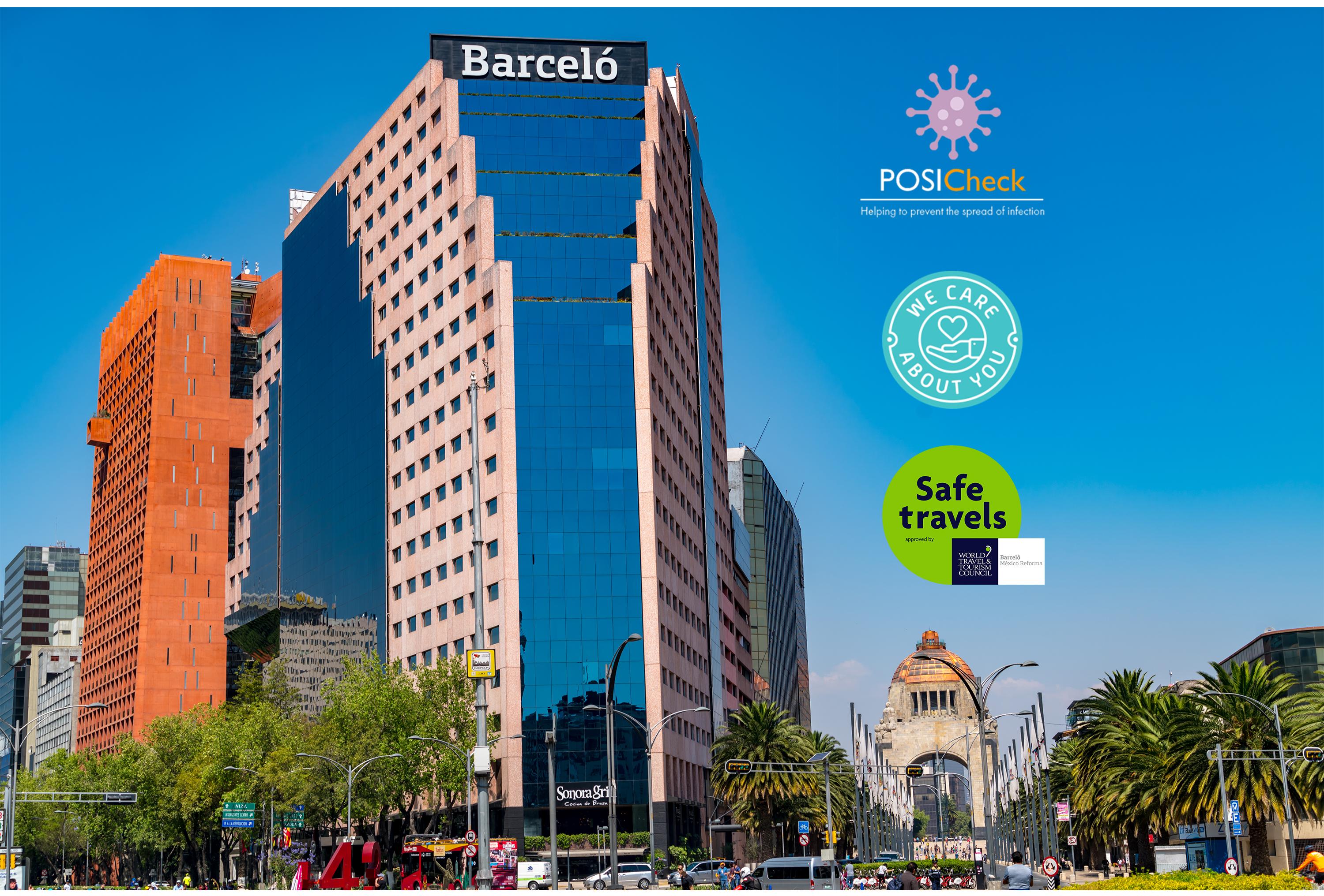 Hotel Barcelo Mexico Reforma Esterno foto The image shows the exterior of a building labeled "Barceló" situated in a city environment. It features a modern architectural design with large glass windows. In the foreground, there is a wide street lined with trees and palm trees, suggesting a w